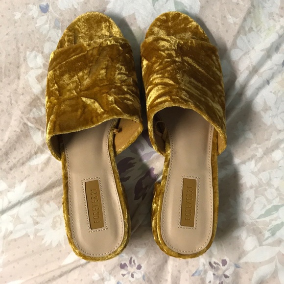 yellow velvet mules